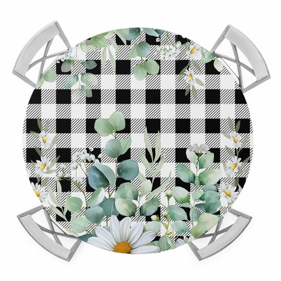 Elastic Fitted Round Tablecloth, Green Eucalyptus Leaves Waterproof Stretch Table Cover for 55"-60" Tables, Summer Botanical Daisy Black Plaid Washable Outdoor Tablecloths for Patio, Picnic, Camping