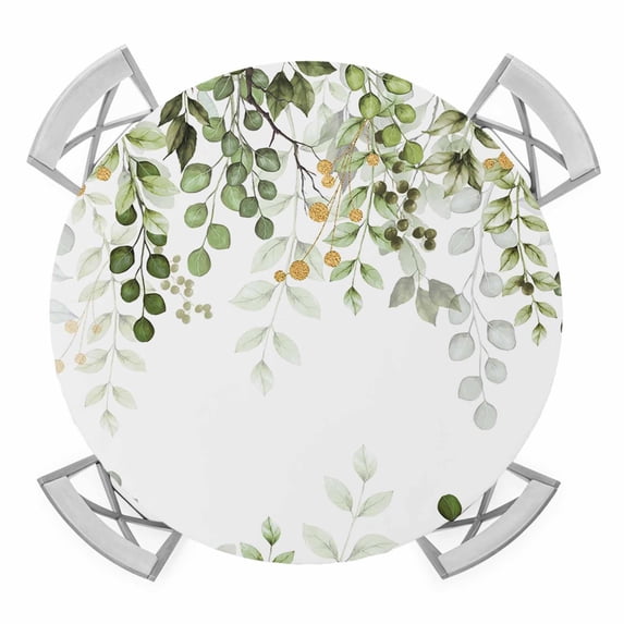 Elastic Fitted Round Tablecloth, Green Eucalyptus Leaves Waterproof Stretch Table Cover for 55"-60" Tables, Summer Botanical Weeping Washable Outdoor Tablecloths for Patio, Picnic, Camping