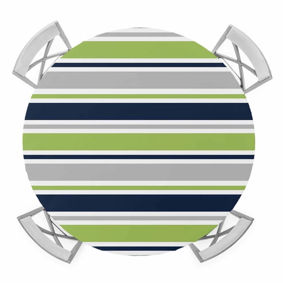 Elastic Fitted Round Tablecloth, Green Gray Striped Waterproof Stretch Table Cover for 55"-60" Tables, Farmhouse Stripes Modern Abstract Art Washable Outdoor Tablecloths for Patio, Picnic, Camping