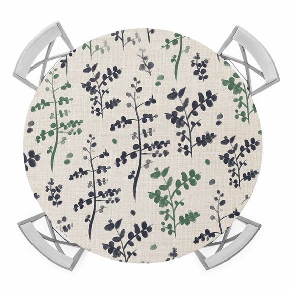 Elastic Fitted Round Tablecloth, Green Grey Botanical Waterproof Stretch Table Cover for 36"-44" Tables, Rustic Country Spring Floral Summer Leaf Washable Outdoor Tablecloths for Patio, Picnic