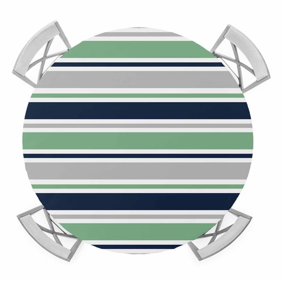 Elastic Fitted Round Tablecloth, Green Grey Striped Waterproof Stretch Table Cover for 36"-44" Tables, Farmhouse Stripes Modern Abstract Art Washable Outdoor Tablecloths for Patio, Picnic, Camping