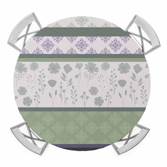Elastic Fitted Round Tablecloth, Green Stripes Abstract Waterproof Stretch Table Cover for 36"-44" Tables, Geometric Spring Flowers Rustic Washable Outdoor Tablecloths for Patio, Picnic, Camping