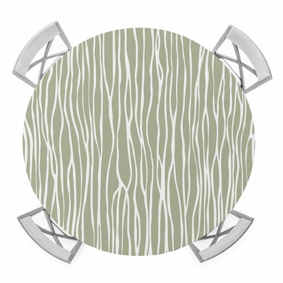 Elastic Fitted Round Tablecloth, Green Waves Stripes Waterproof Stretch Table Cover for 36"-44" Tables, Vintage Minimalist Lines Texture Washable Outdoor Tablecloths for Patio, Picnic, Camping