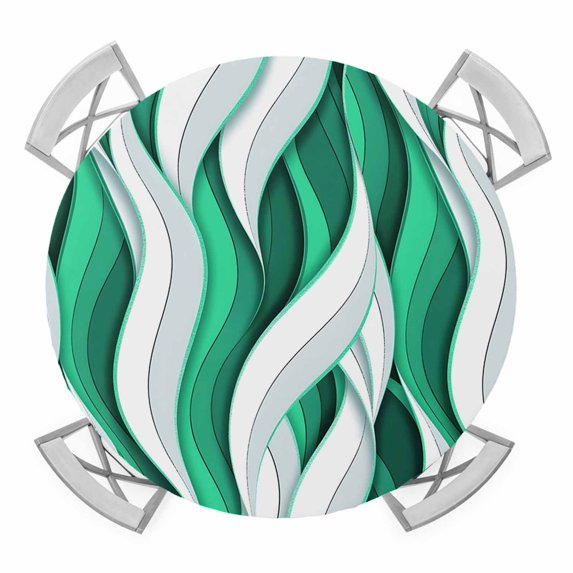 Elastic Fitted Round Tablecloth, Green White Moire Waterproof Stretch Table Cover for 45"-54" Tables, Modern Abstract Art Washable Outdoor Tablecloths for Patio, Picnic, Camping