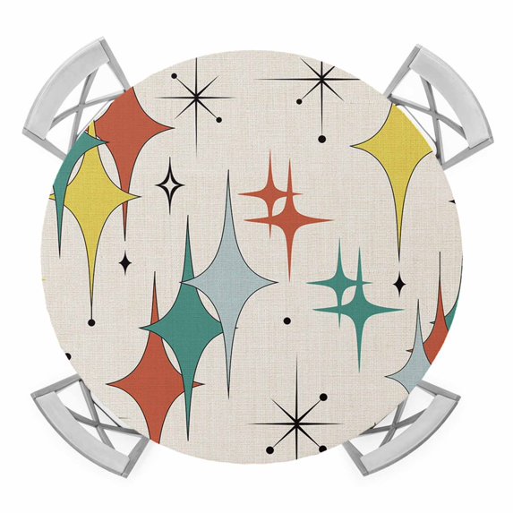 Elastic Fitted Round Tablecloth, Green Yellow Diamond Waterproof Stretch Table Cover for 45"-54" Tables, Modern Geometric Middle Century Beige Washable Outdoor Tablecloths for Patio, Picnic, Camping