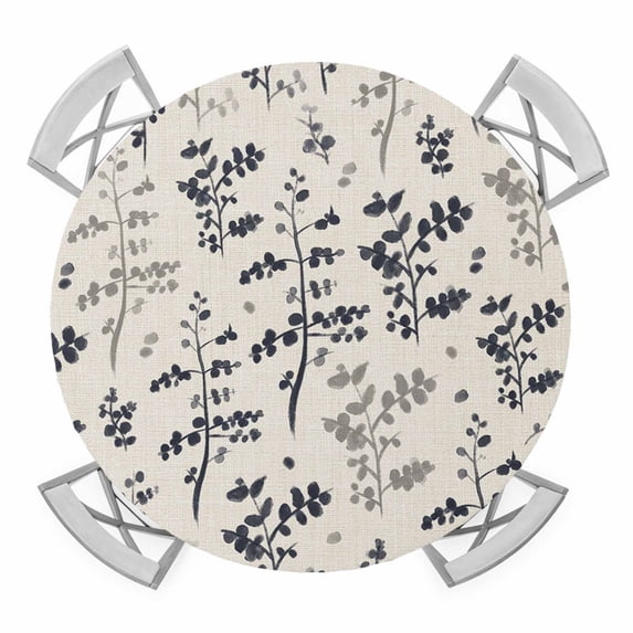Elastic Fitted Round Tablecloth, Grey Black Botanical Waterproof Stretch Table Cover for 55"-60" Tables, Rustic Country Spring Floral Summer Leaf Washable Outdoor Tablecloths for Patio, Picnic