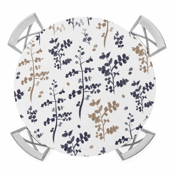 Elastic Fitted Round Tablecloth, Grey Brown Botanical Waterproof Stretch Table Cover for 36"-44" Tables, Watercolor Spring Floral Summer Leaf Washable Outdoor Tablecloths for Patio, Picnic, Camping
