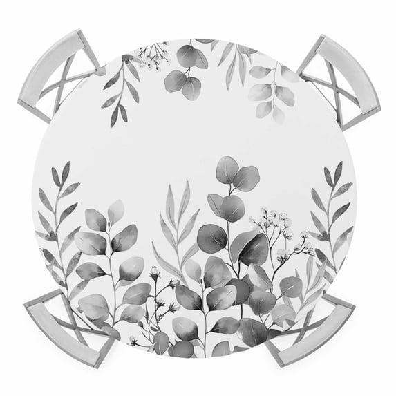Elastic Fitted Round Tablecloth, Grey Eucalyptus Leaves Waterproof Stretch Table Cover for 55"-60" Tables, Watercolor Spring Summer Botanical Washable Outdoor Tablecloths for Patio, Picnic, Camping