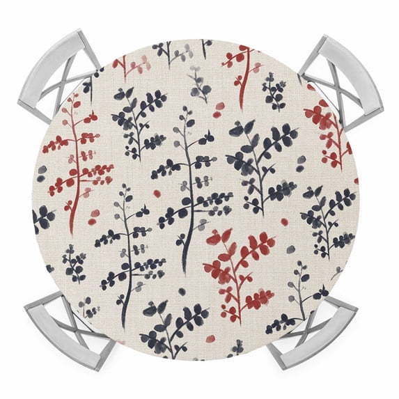 Elastic Fitted Round Tablecloth, Grey Red Botanical Waterproof Stretch Table Cover for 45"-54" Tables, Rustic Country Spring Floral Summer Leaf Washable Outdoor Tablecloths for Patio, Picnic, Camping