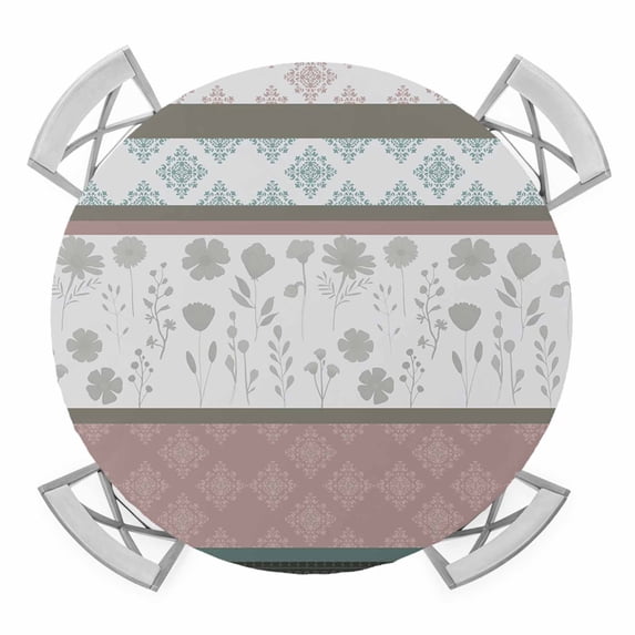 Elastic Fitted Round Tablecloth, Grey Stripes Abstract Waterproof Stretch Table Cover for 45"-54" Tables, Geometric Spring Flowers Country Washable Outdoor Tablecloths for Patio, Picnic, Camping