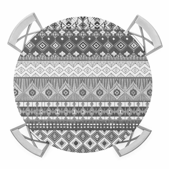 Elastic Fitted Round Tablecloth, Grey White Boho Waterproof Stretch Table Cover for 55"-60" Tables, Vintage Ethnic Tribe Abstract Art Washable Outdoor Tablecloths for Patio, Picnic, Camping