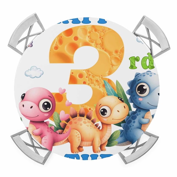 Elastic Fitted Round Tablecloth, Happy 3rd Birthday Waterproof Stretch Table Cover for 45"-54" Tables, Cartoon Cute Pink Yellow Blue Dinosaurs Floral Washable Outdoor Tablecloths for Patio, Picnic