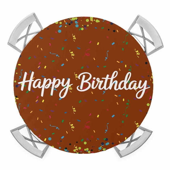Elastic Fitted Round Tablecloth, Happy Birthday Waterproof Stretch Table Cover for 36"-44" Tables, Brown Modern Abstract Art Washable Outdoor Tablecloths for Patio, Picnic, Camping