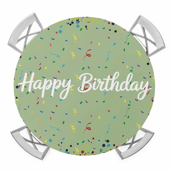 Elastic Fitted Round Tablecloth, Happy Birthday Waterproof Stretch Table Cover for 45"-54" Tables, Sage Green Modern Abstract Art Washable Outdoor Tablecloths for Patio, Picnic, Camping