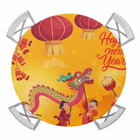 Elastic Fitted Round Tablecloth, Happy New Year Waterproof Stretch Table Cover for 36"-44" Tables, Red Yellow Dragon Dance Washable Outdoor Tablecloths for Patio, Picnic, Camping