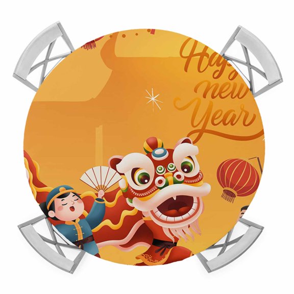Elastic Fitted Round Tablecloth, Happy New Year Waterproof Stretch Table Cover for 36"-44" Tables, Spring Festival Red Yellow Dragon Dance Washable Outdoor Tablecloths for Patio, Picnic, Camping