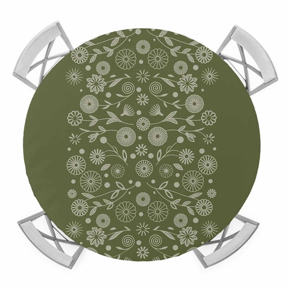 Elastic Fitted Round Tablecloth, Japanese Waterproof Stretch Table Cover for 36"-44" Tables, Green Rustic Retro Pastoral Floral Leaves Washable Outdoor Tablecloths for Patio, Picnic, Camping