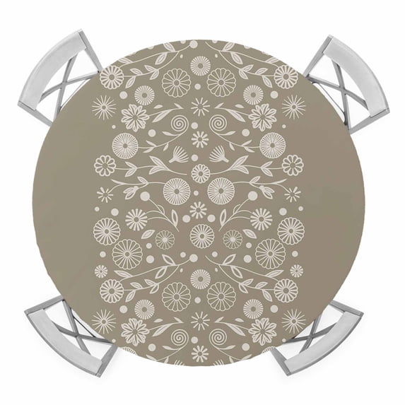 Elastic Fitted Round Tablecloth, Japanese Waterproof Stretch Table Cover for 45"-54" Tables, Grey Simple Traditional Flowers Leaves Pattern Washable Outdoor Tablecloths for Patio, Picnic, Camping