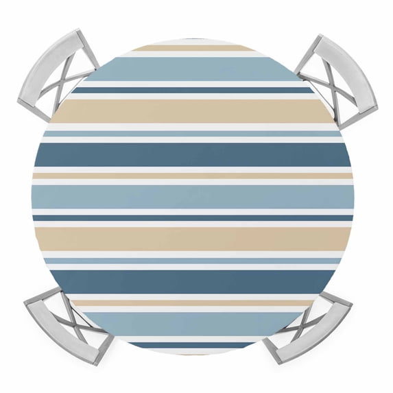 Elastic Fitted Round Tablecloth, Khaki Blue Striped Waterproof Stretch Table Cover for 55"-60" Tables, Farmhouse Stripes Modern Abstract Art Washable Outdoor Tablecloths for Patio, Picnic, Camping
