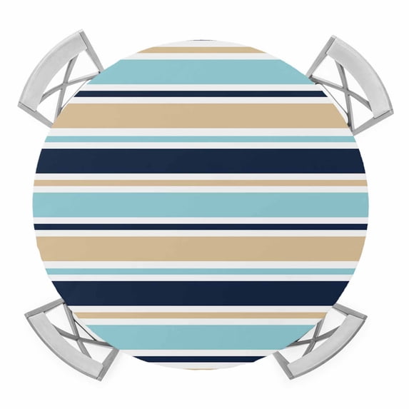 Elastic Fitted Round Tablecloth, Khaki Striped Waterproof Stretch Table Cover for 36"-44" Tables, Navy Blue Farmhouse Stripes Modern Abstract Art Washable Outdoor Tablecloths for Patio, Picnic
