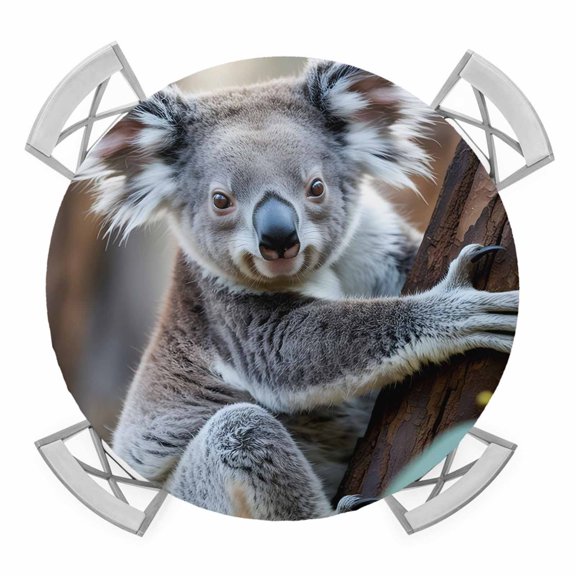 Elastic Fitted Round Tablecloth, Koala Waterproof Stretch Table Cover for 55"-60" Tables, Grey Animals Modern Art Forest Washable Outdoor Tablecloths for Patio, Picnic, Camping