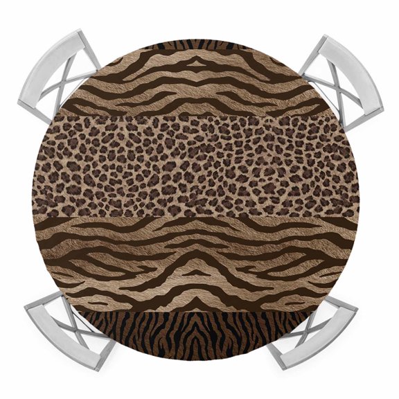 Elastic Fitted Round Tablecloth, Leopard Zebra Print Waterproof Stretch Table Cover for 36"-44" Tables, Vintage Animal Skin Striped Brown Washable Outdoor Tablecloths for Patio, Picnic, Camping
