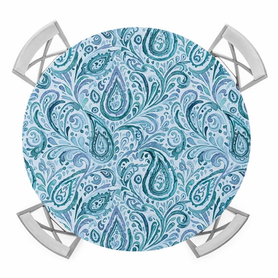 Elastic Fitted Round Tablecloth, Light Blue Teal Waterproof Stretch Table Cover for 36"-44" Tables, Retro Botanical Abstract Art Washable Outdoor Tablecloths for Patio, Picnic, Camping