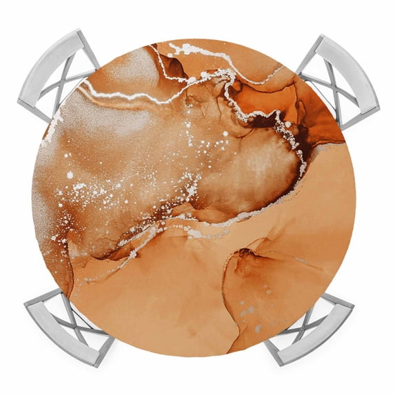 Elastic Fitted Round Tablecloth, Marble Burnt Orange Waterproof Stretch Table Cover for 45"-54" Tables, Modern Abstract Ink Painting Luxury Washable Outdoor Tablecloths for Patio, Picnic, Camping