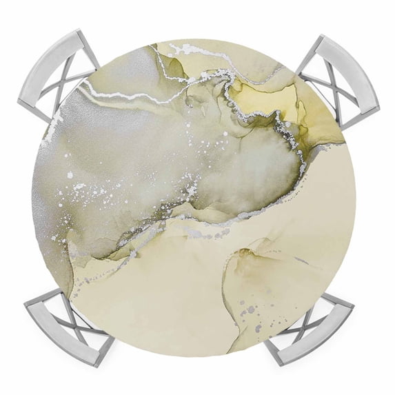 Elastic Fitted Round Tablecloth, Marble Yellow Waterproof Stretch Table Cover for 45"-54" Tables, Modern Abstract Ink Painting Luxury Washable Outdoor Tablecloths for Patio, Picnic, Camping