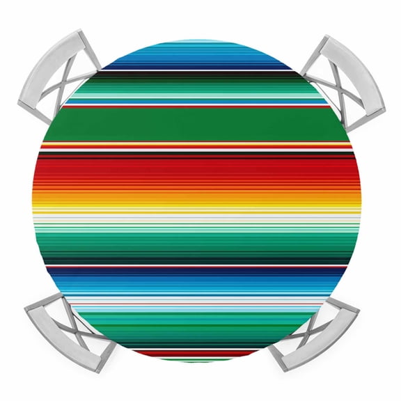 Elastic Fitted Round Tablecloth, Mexican Stripes Waterproof Stretch Table Cover for 45"-54" Tables, Colorful Striped Mexican Fiesta Theme Washable Outdoor Tablecloths for Patio, Picnic, Camping