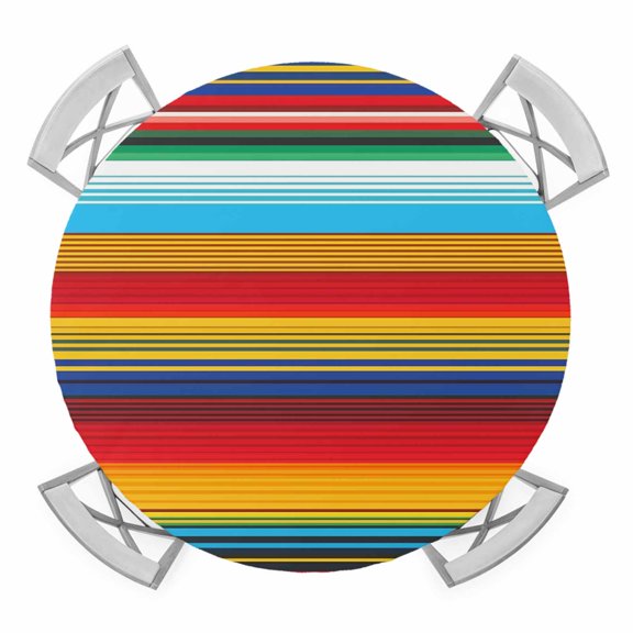 Elastic Fitted Round Tablecloth, Mexican Stripes Waterproof Stretch Table Cover for 45"-54" Tables, Ethnic Horizontal Lines Tribal Geometric Art Washable Outdoor Tablecloths for Patio, Picnic