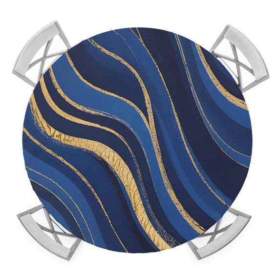 Elastic Fitted Round Tablecloth, Navy Blue Moire Waterproof Stretch Table Cover for 45"-54" Tables, Modern Abstract Art Washable Outdoor Tablecloths for Patio, Picnic, Camping