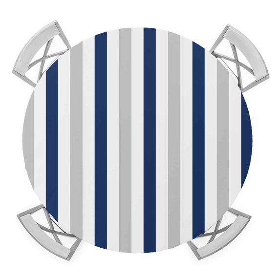 Elastic Fitted Round Tablecloth, Navy Blue Stripe Waterproof Stretch Table Cover for 45"-54" Tables, Geometric Grey White Vertical Striped Washable Outdoor Tablecloths for Patio, Picnic, Camping