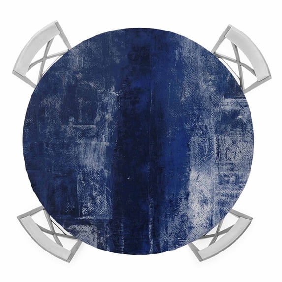 Elastic Fitted Round Tablecloth, Navy Blue Waterproof Stretch Table Cover for 55"-60" Tables, Retro Oil Painting Modern Abstract Art Aesthetics Washable Outdoor Tablecloths for Patio, Picnic, Camping