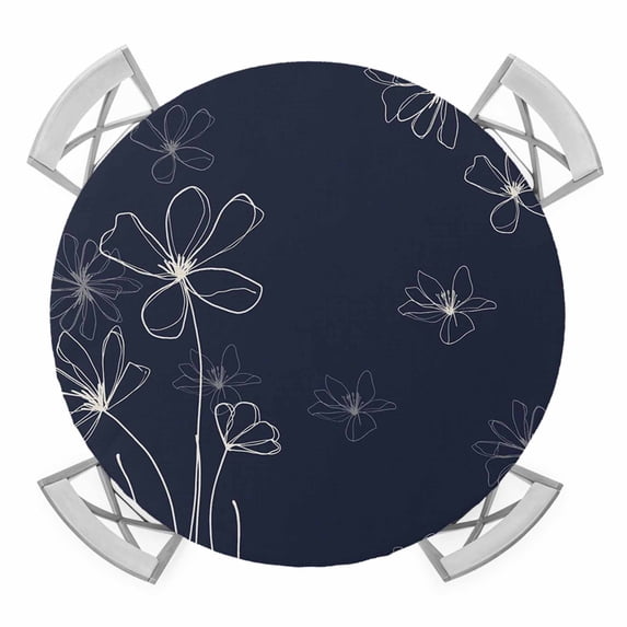 Elastic Fitted Round Tablecloth, Navy Blue Waterproof Stretch Table Cover for 55"-60" Tables, Spring Flora Washable Outdoor Tablecloths for Patio, Picnic, Camping