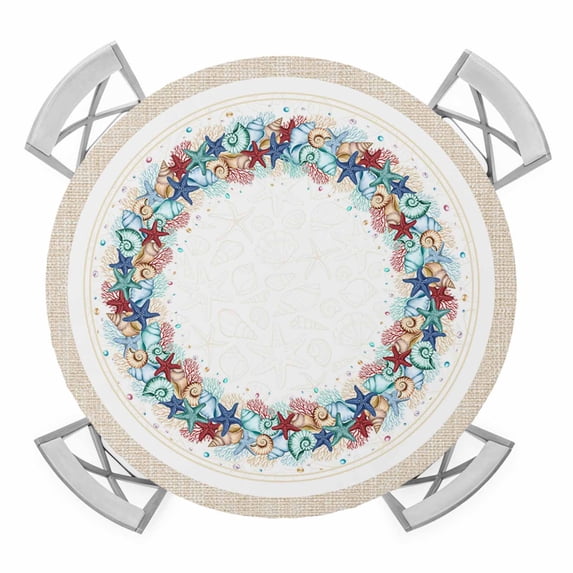 Elastic Fitted Round Tablecloth, Ocean Starfish Waterproof Stretch Table Cover for 45"-54" Tables, Summer Coastal Beach Nautical Shells Corals Washable Outdoor Tablecloths for Patio, Picnic, Camping
