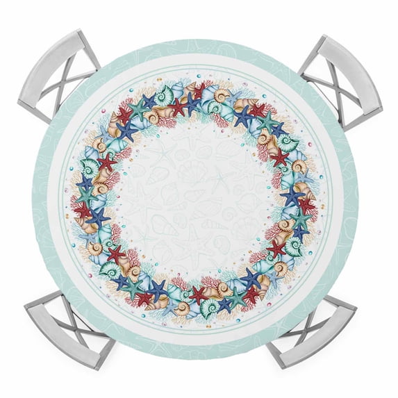 Elastic Fitted Round Tablecloth, Ocean Turquoise Waterproof Stretch Table Cover for 55"-60" Tables, Summer Coastal Beach Nautical Starfish Washable Outdoor Tablecloths for Patio, Picnic, Camping