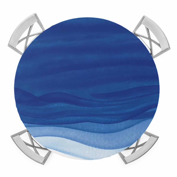 Elastic Fitted Round Tablecloth, Ombre Blue Waves Waterproof Stretch Table Cover for 55"-60" Tables, Abstract Art Gradient Modern Washable Outdoor Tablecloths for Patio, Picnic, Camping