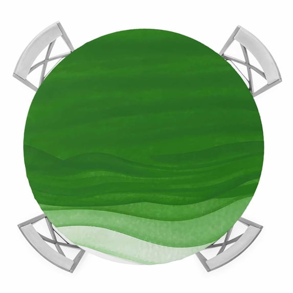 Elastic Fitted Round Tablecloth, Ombre Green Waves Waterproof Stretch Table Cover for 45"-54" Tables, Abstract Art Gradient Modern Washable Outdoor Tablecloths for Patio, Picnic, Camping