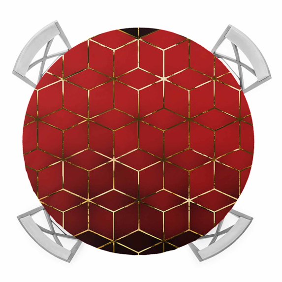 Elastic Fitted Round Tablecloth, Ombre Red Geometric Waterproof Stretch Table Cover for 36"-44" Tables, Modern Abstract Art Washable Outdoor Tablecloths for Patio, Picnic, Camping
