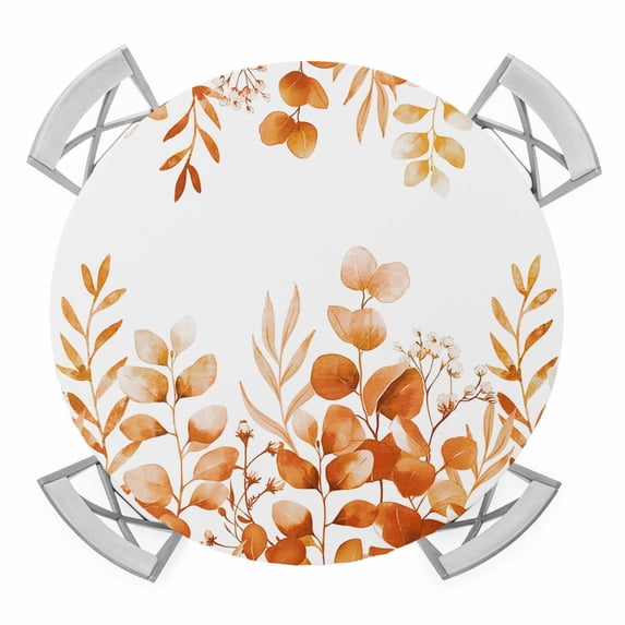 Elastic Fitted Round Tablecloth, Orange Eucalyptus Leaves Waterproof Stretch Table Cover for 36"-44" Tables, Watercolor Spring Summer Botanical Washable Outdoor Tablecloths for Patio, Picnic, Camping