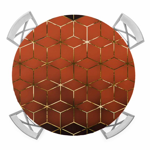 Elastic Fitted Round Tablecloth, Orange Geometric Waterproof Stretch Table Cover for 55"-60" Tables, Ombre Modern Abstract Art Washable Outdoor Tablecloths for Patio, Picnic, Camping
