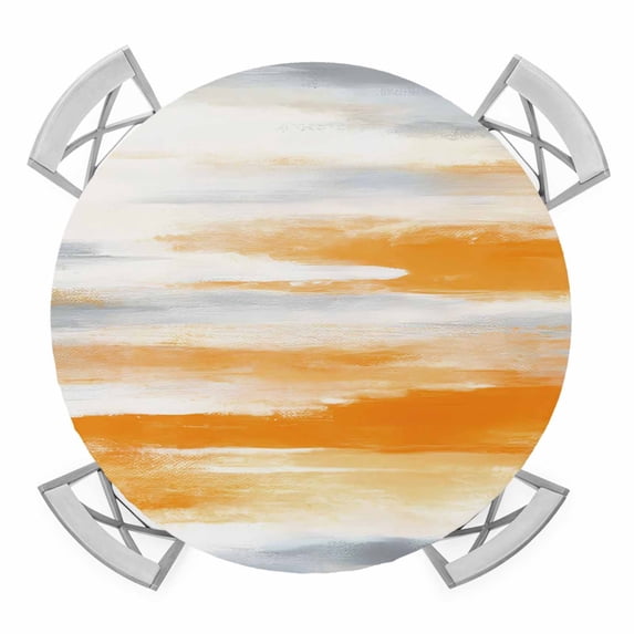 Elastic Fitted Round Tablecloth, Orange Gray White Waterproof Stretch Table Cover for 36"-44" Tables, Farmhouse Abstract Ombre Texture Washable Outdoor Tablecloths for Patio, Picnic, Camping