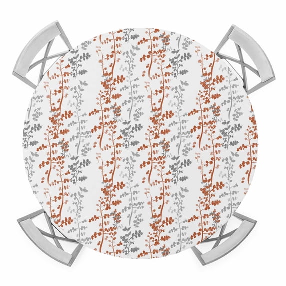 Elastic Fitted Round Tablecloth, Orange Grey Botanical Waterproof Stretch Table Cover for 55"-60" Tables, Spring Floral Summer Farmhouse Washable Outdoor Tablecloths for Patio, Picnic, Camping