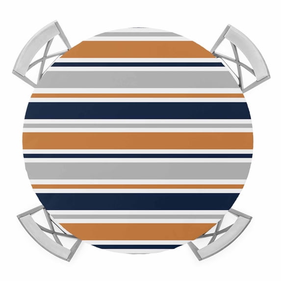 Elastic Fitted Round Tablecloth, Orange Grey Striped Waterproof Stretch Table Cover for 55"-60" Tables, Farmhouse Stripes Modern Abstract Art Washable Outdoor Tablecloths for Patio, Picnic, Camping