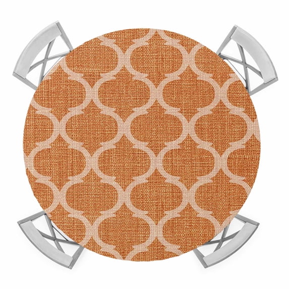 Elastic Fitted Round Tablecloth, Orange Morocco Waterproof Stretch Table Cover for 45"-54" Tables, Farmhouse Ethnic Geometric Grid Aesthetic Washable Outdoor Tablecloths for Patio, Picnic, Camping