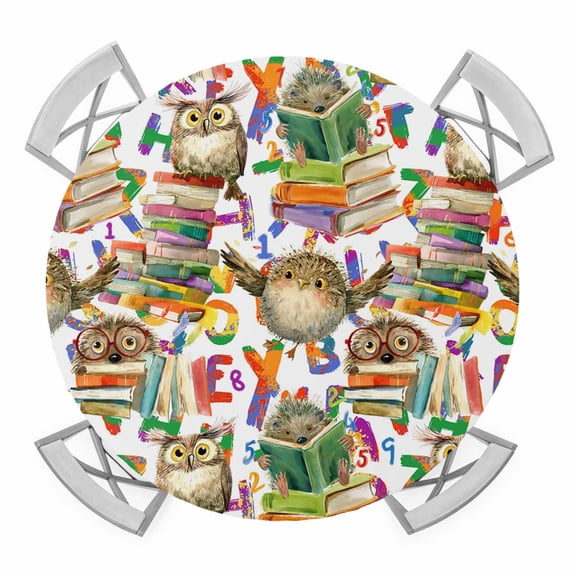 Elastic Fitted Round Tablecloth, Owls Book Waterproof Stretch Table Cover for 45"-54" Tables, Funny Cartoon Animal Colorful Text Art Washable Outdoor Tablecloths for Patio, Picnic, Camping