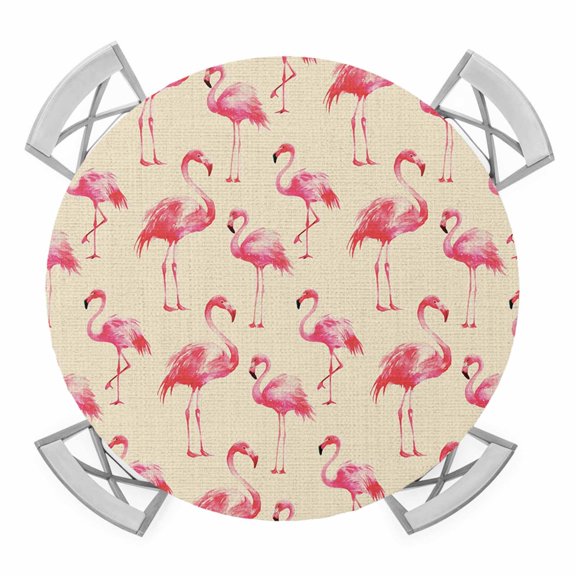 Elastic Fitted Round Tablecloth, Pink Flamingo Waterproof Stretch Table Cover for 36"-44" Tables, Summer Animals Rustic Washable Outdoor Tablecloths for Patio, Picnic, Camping