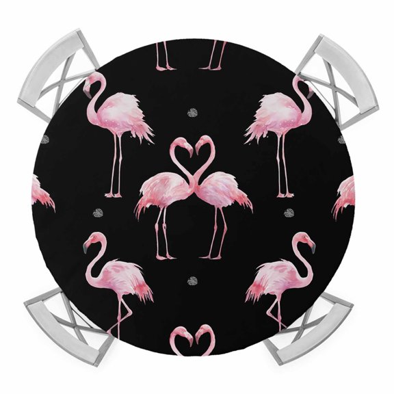 Elastic Fitted Round Tablecloth, Pink Flamingo Waterproof Stretch Table Cover for 36"-44" Tables, Summer Tropical Animals Black Washable Outdoor Tablecloths for Patio, Picnic, Camping