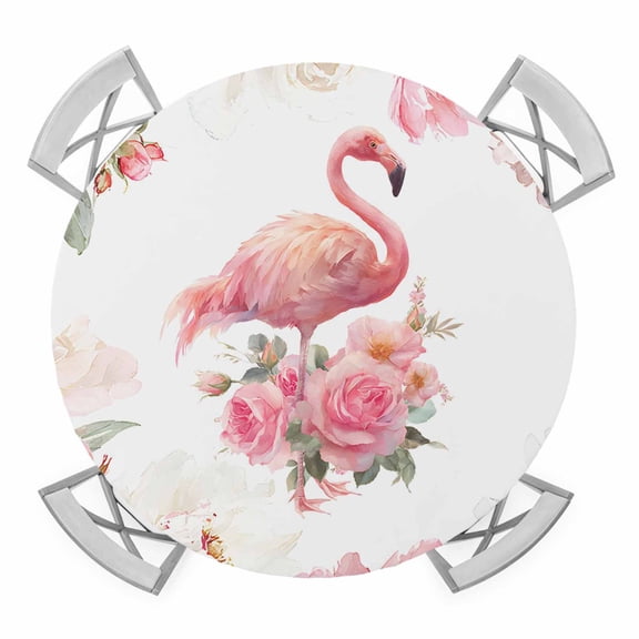 Elastic Fitted Round Tablecloth, Pink Flamingo Waterproof Stretch Table Cover for 36"-44" Tables, Watercolor Flowers Spring Floral Washable Outdoor Tablecloths for Patio, Picnic, Camping